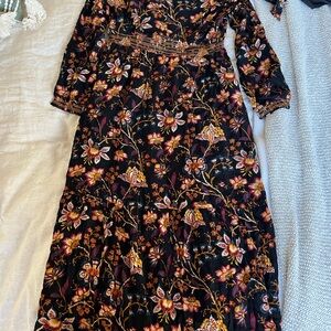 Garnet Hill Black Maxi Dress with Gold & Burgundy Floral Print